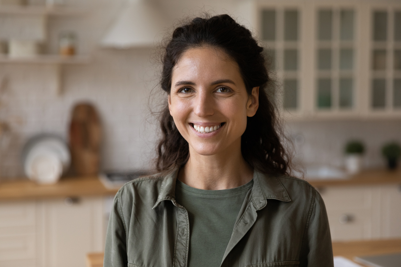 Head shot portrait smiling woman looking at camera, profile picture